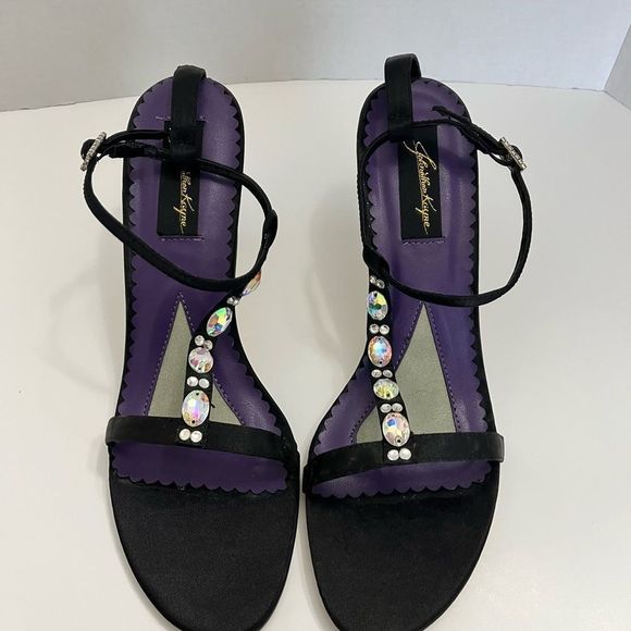 Johnathan Kayne Footwear Open Toe Heels Jeweled Ankle Strap Black/Purple Sz 10.5 - Picture 1 of 13